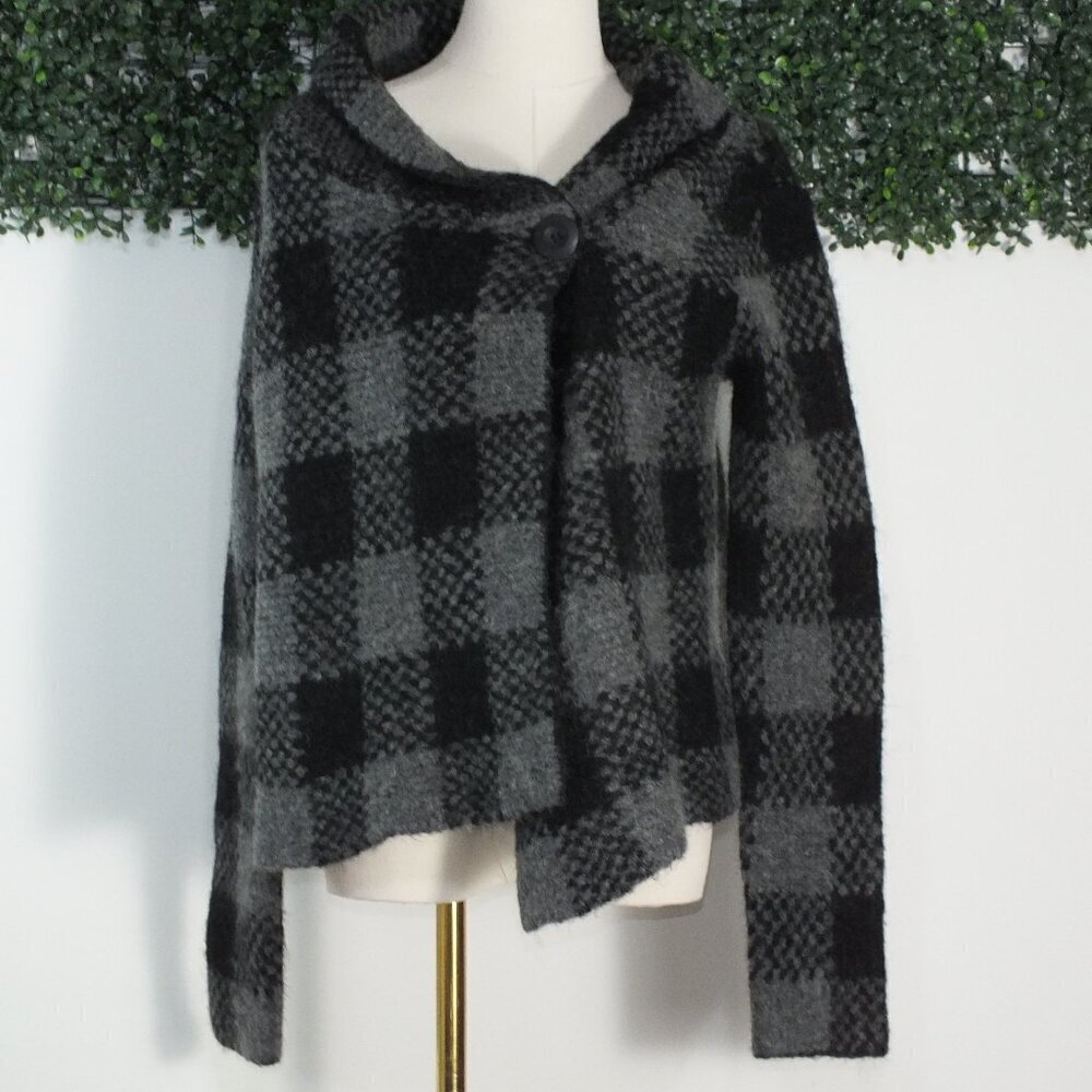 Vintage Carole Little Women's Black Gray Wool Jacket Plaid Wrap Double Button S